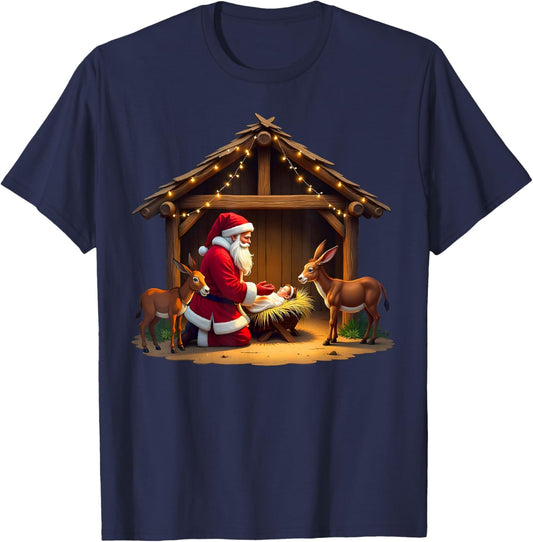 Kneeling Santa Claus & Baby Jesus Merry Christmas Christians T-Shirt - T-Shirt | Navy