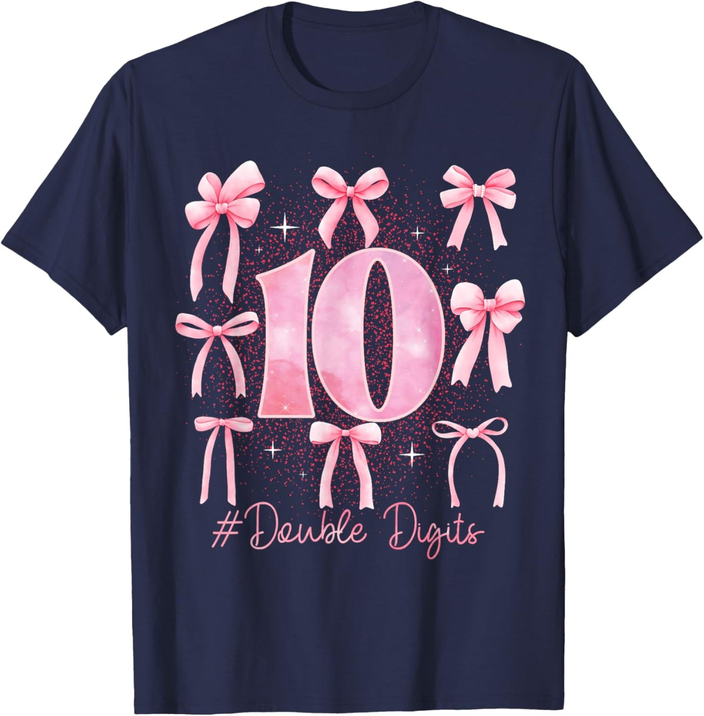 Double Digits Birthday Girl 10th Birthday Coquette Bow Pink T-Shirt - T-Shirt | Navy