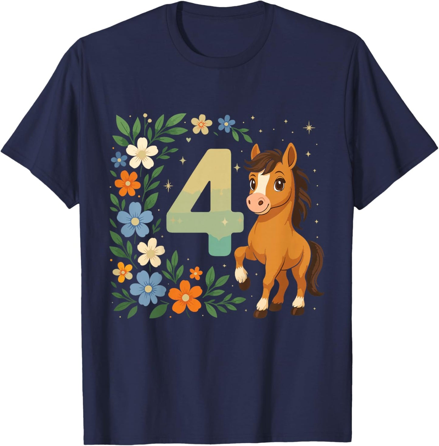 4th Birthday Girl Pony Horse Flowers 4 Years Old T-Shirt - T-Shirt | Navy