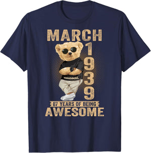 (ON Back) March 1939 87th Birthday 87 Years Teddy Bear T-Shirt - T-Shirt | Navy