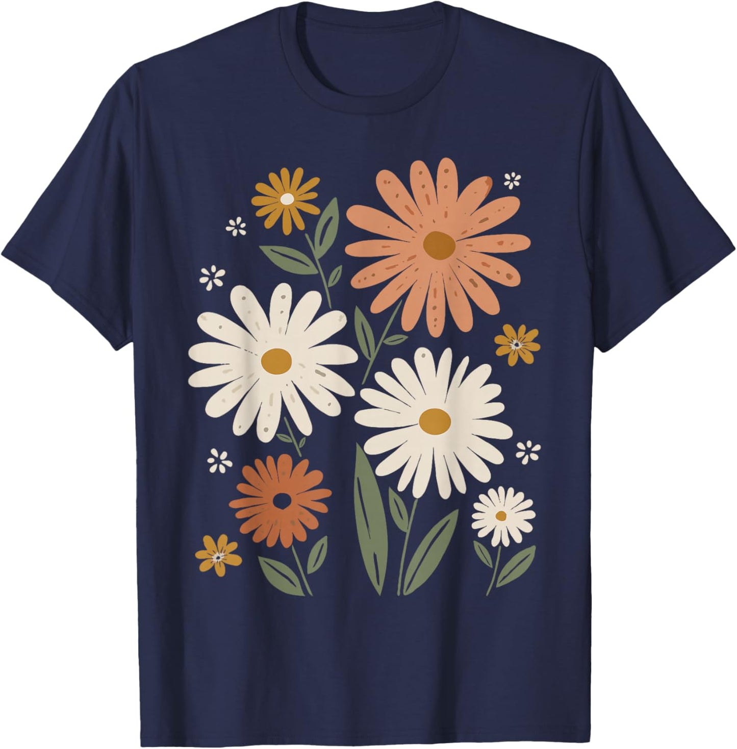 Retro Wildflowers Flowers Pattern Summer Spring Boho Vintage T-Shirt - T-Shirt | Navy