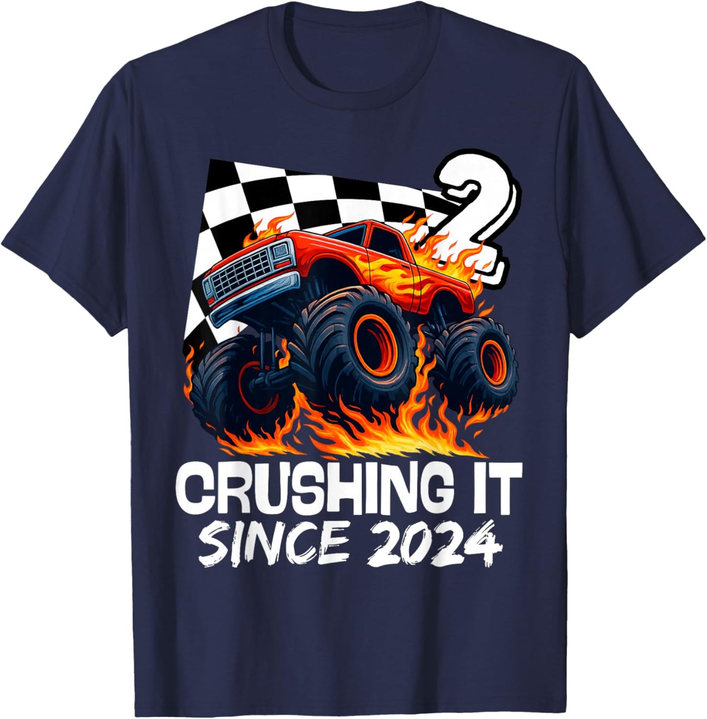 Birthday Monster Truck 2 Year Old Boys 2nd Party Born 2024 T-Shirt - T-Shirt | Navy