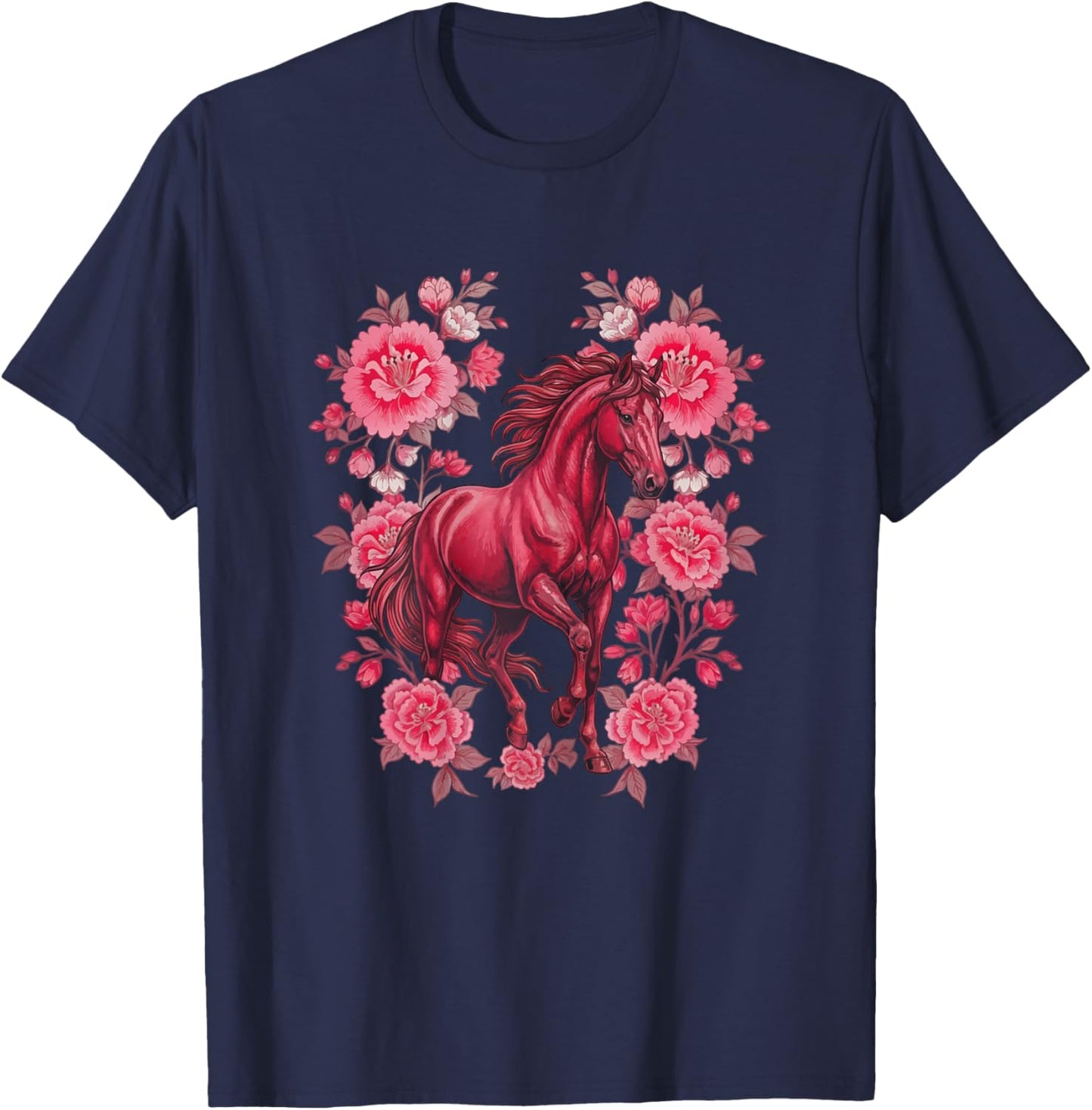 Horse Lover Floral Pink Horse Chinese New Year 2026 T-Shirt - T-Shirt | Navy