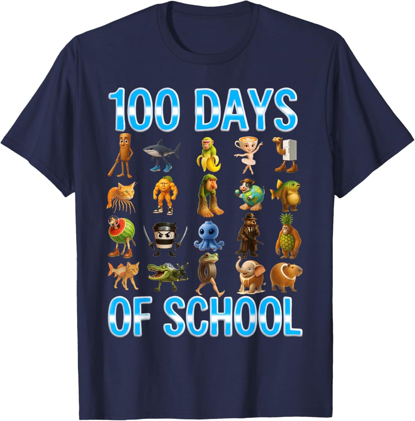 100 Days of School Brainrot Funny Gifts for Boys Kids T-Shirt - T-Shirt | Navy