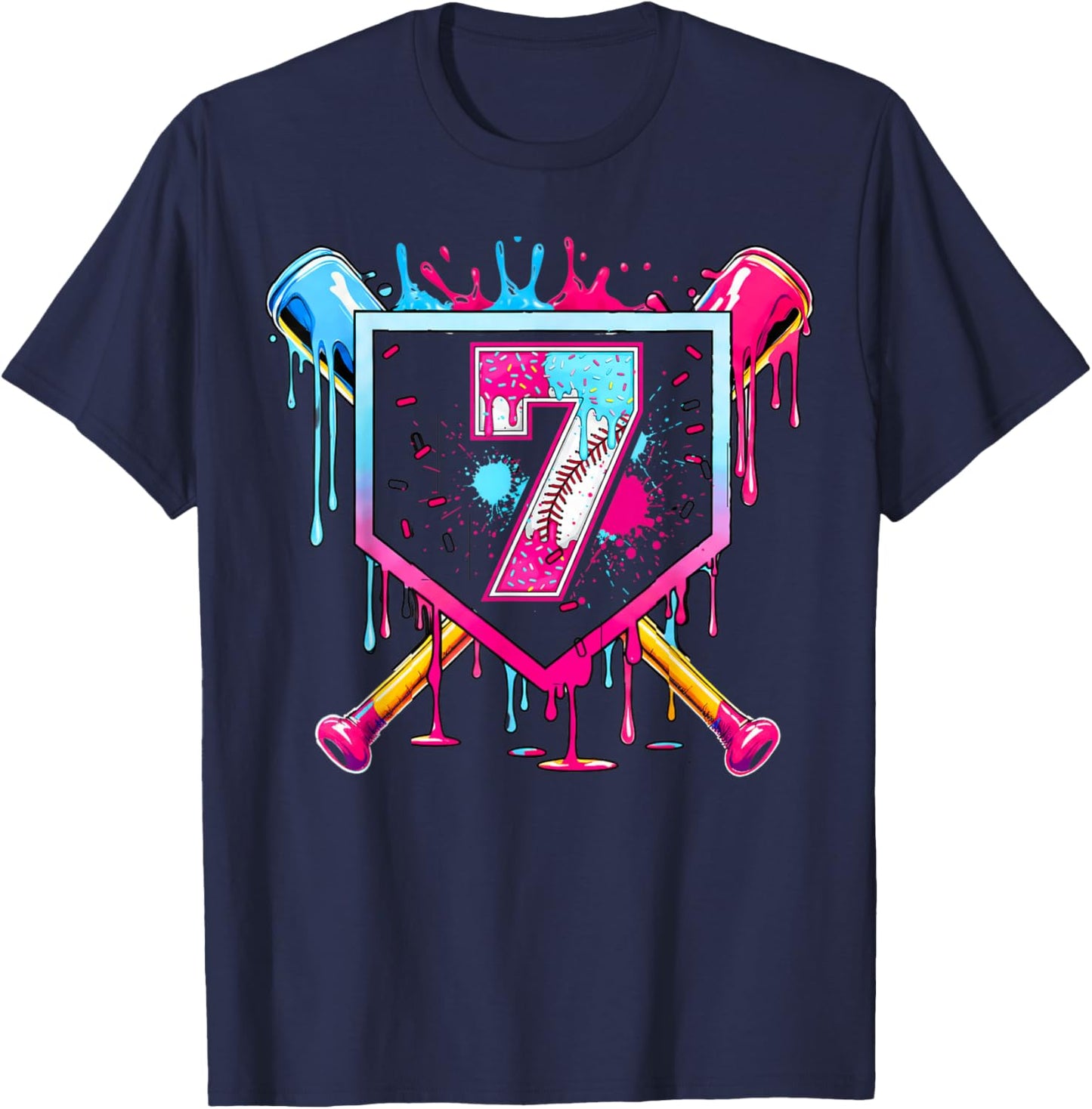 7th Birthday Boys Baseball Ice Cream Drip Boys Baseball T-Shirt - T-Shirt | Navy