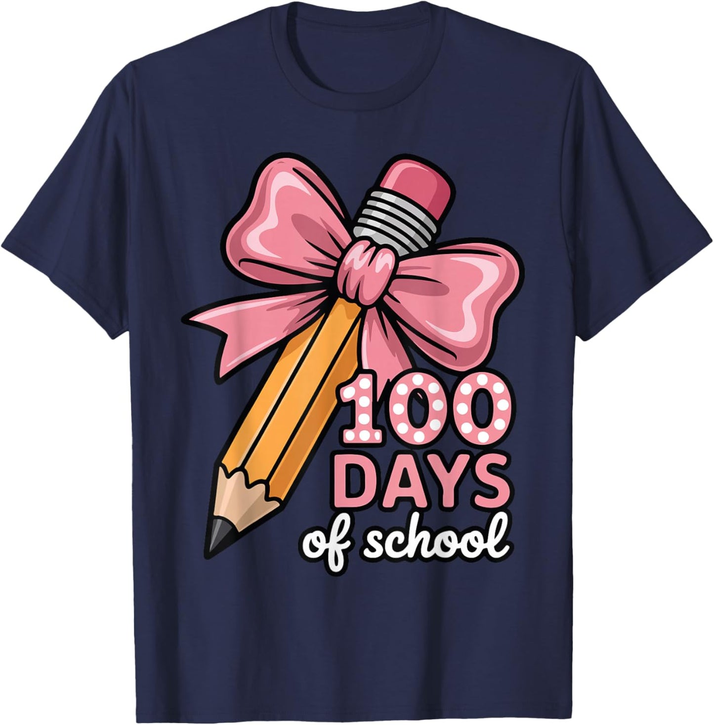 100 Days of School Girls Coquette Bow Kids Teacher Student T-Shirt - T-Shirt | Navy