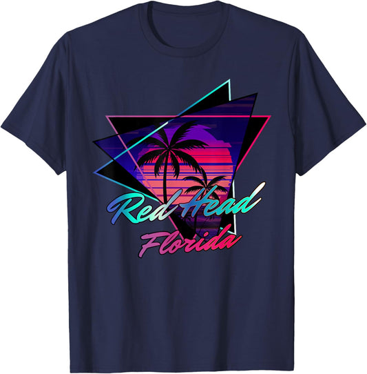 Red Head Florida Retro Sunset Synthwave Vibes T-Shirt - T-Shirt | Navy