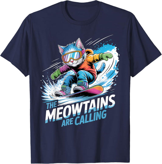Meowtains are Calling Funny Snowboard Cat Snowboarding T-Shirt - T-Shirt | Navy