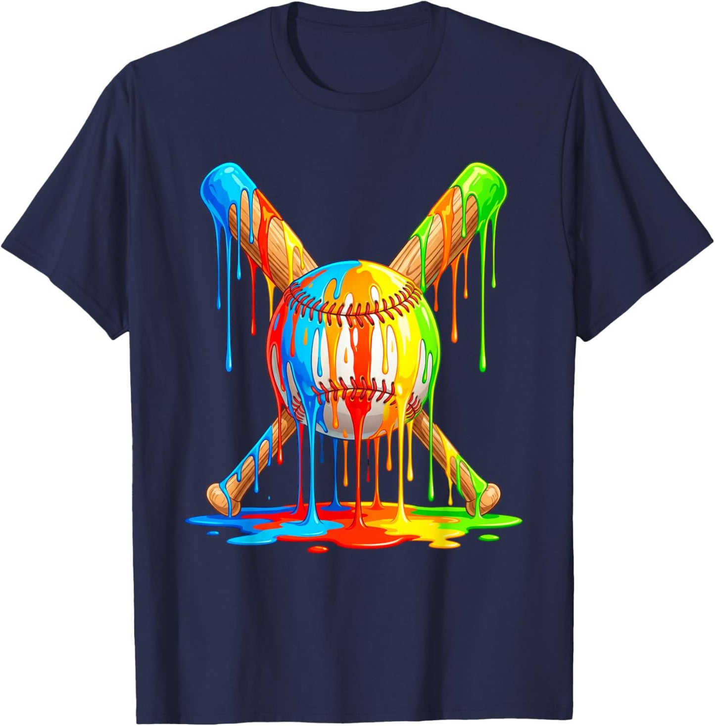 Baseball Drip Ice Cream Multicolor Crossed Bat Art T-Shirt - T-Shirt | Navy