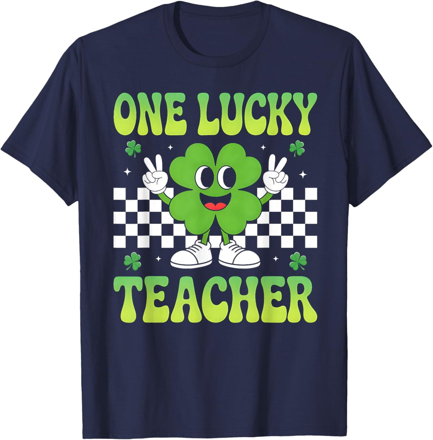 Groovy One Lucky Teacher Retro Shamrock St Patricks Day T-Shirt - T-Shirt | Navy