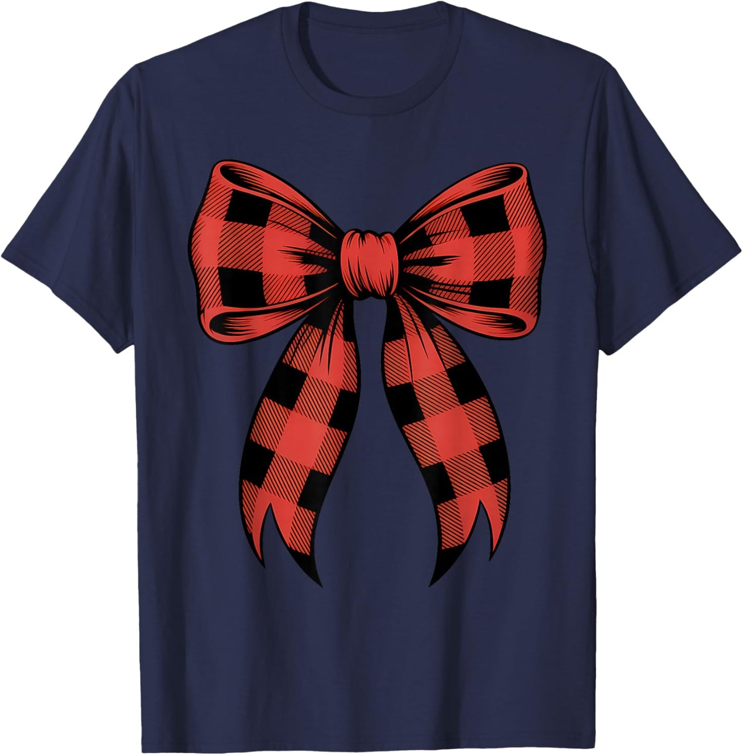 Funny Christmas Red and Black Buffalo Plaid Coquette Bow T-Shirt - T-Shirt | Navy