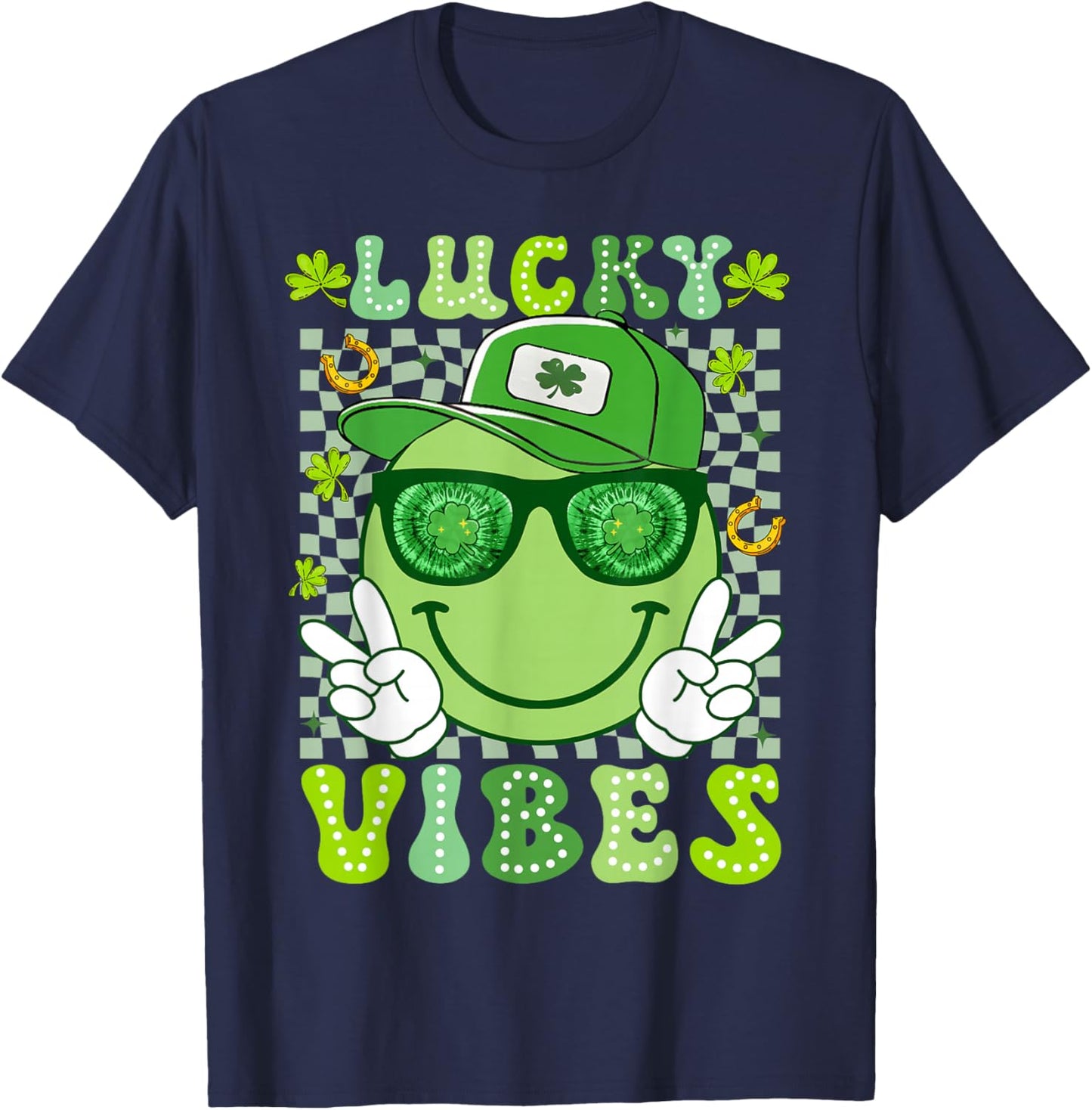 Funny Lucky Vibes Smile Face St Patricks Day Men Women Kid T-Shirt - T-Shirt | Navy