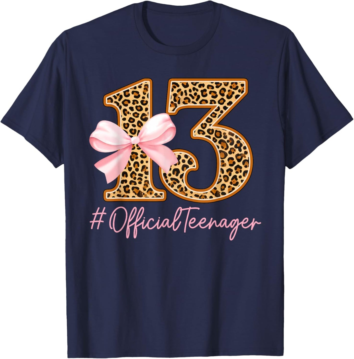 13th Birthday Girl Pink Coquette Bow Leopard 13 Year Old T-Shirt - T-Shirt | Navy