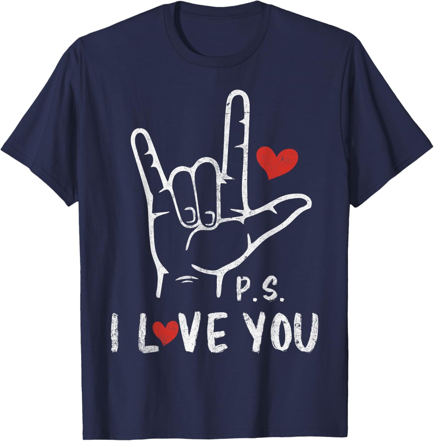 PS I Love You Day Valentine's Day Purple ASL Love Hand Sign T-Shirt - T-Shirt | Navy