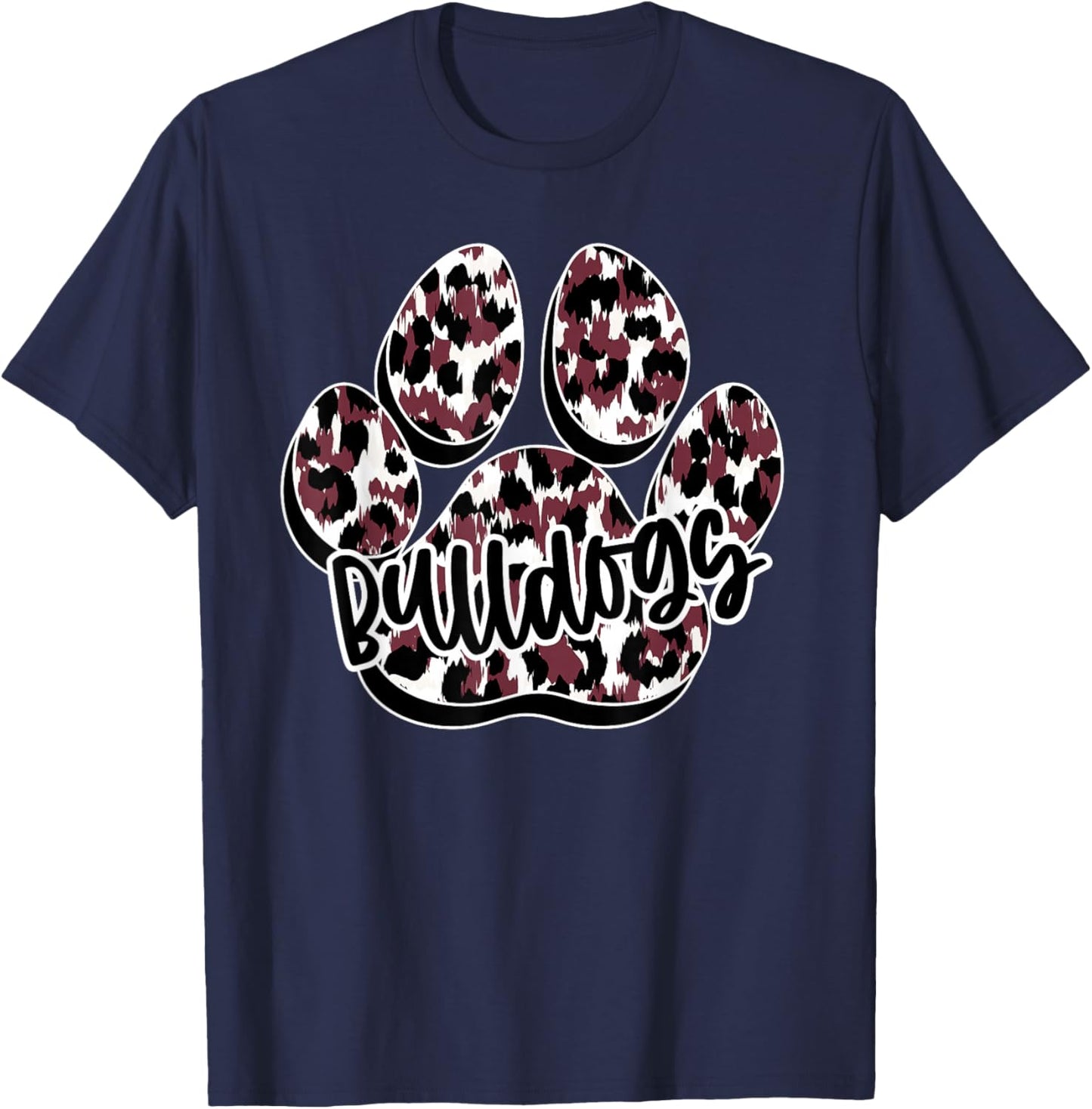 Maroon Bulldogs Leopard Paw Print Leopard School Mascot T-Shirt - T-Shirt | Navy