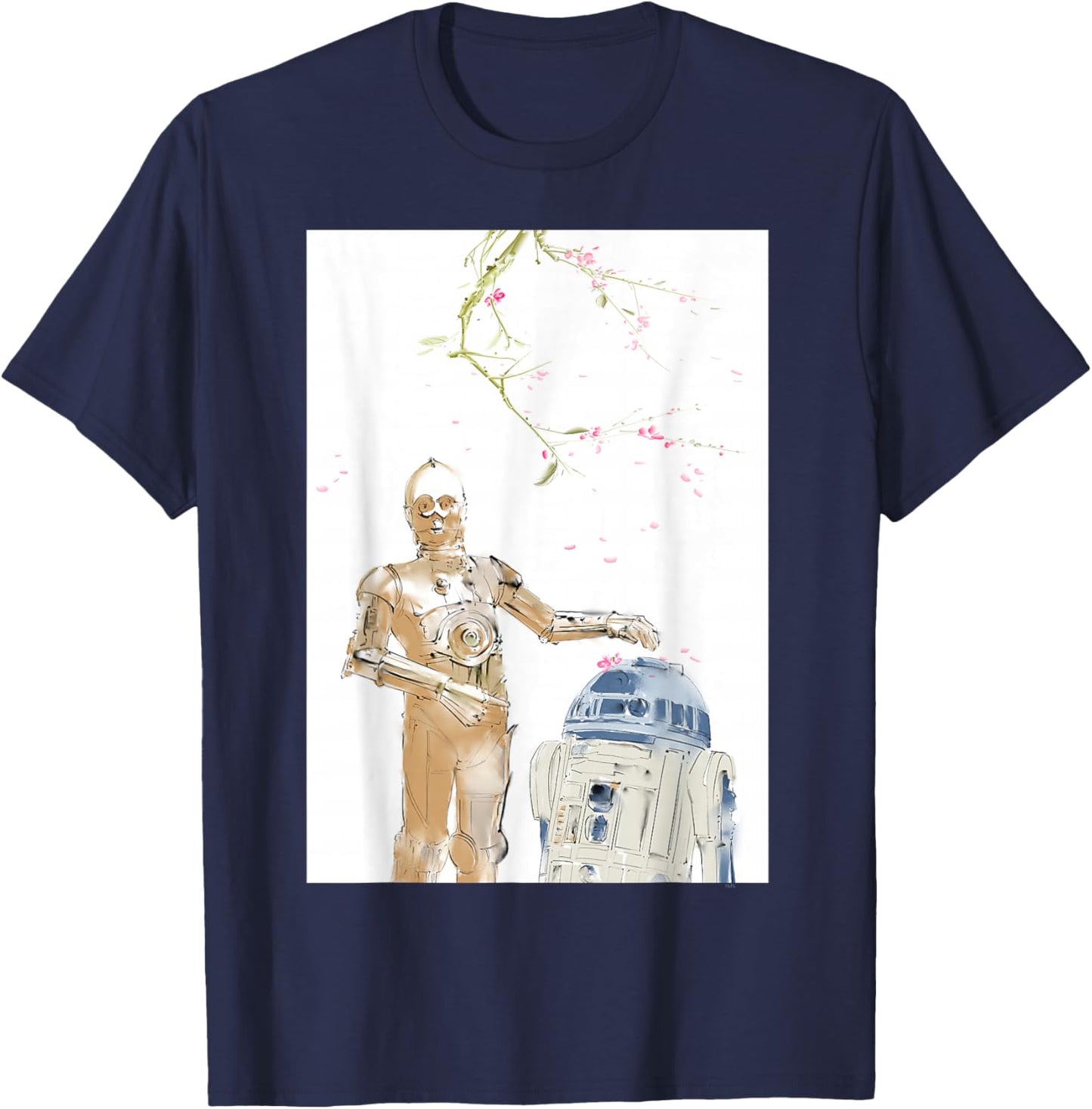 Star Wars R2-D2 and C-3PO Spring Cherry Blossoms Sakura Art T-Shirt - T-Shirt | Navy