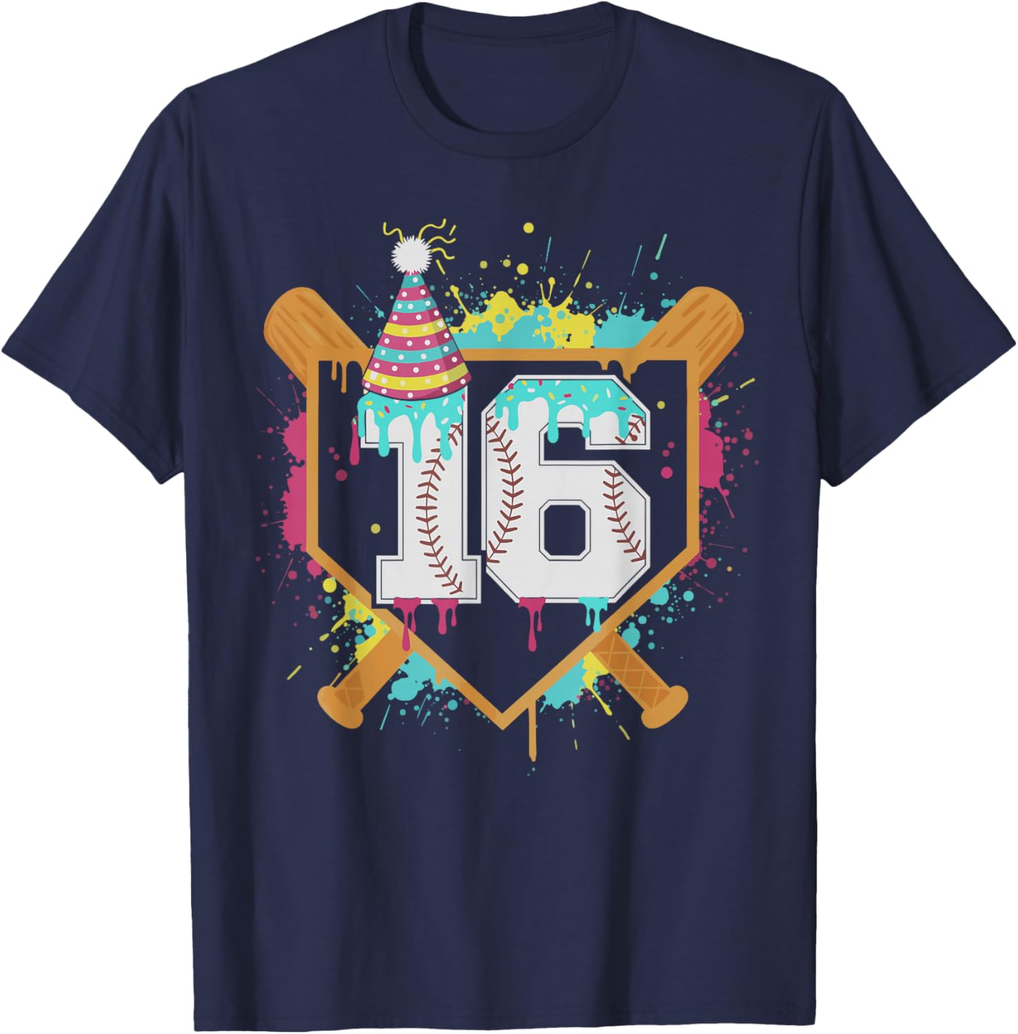 16th Birthday Baseball Drip Number 16 Year Old Birthday Boy T-Shirt - T-Shirt | Navy