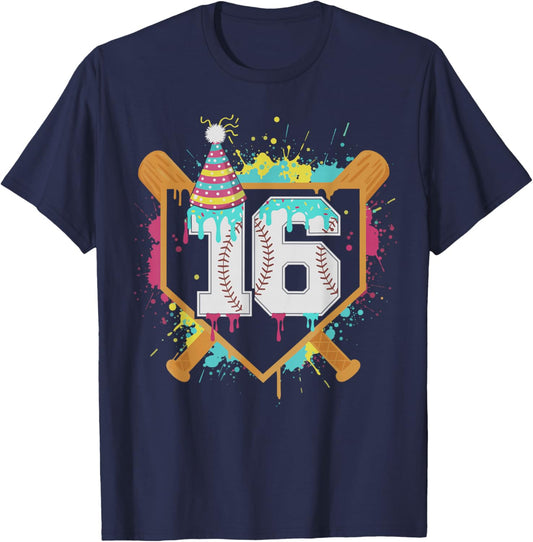 16th Birthday Baseball Drip Number 16 Year Old Birthday Boy T-Shirt - T-Shirt | Navy