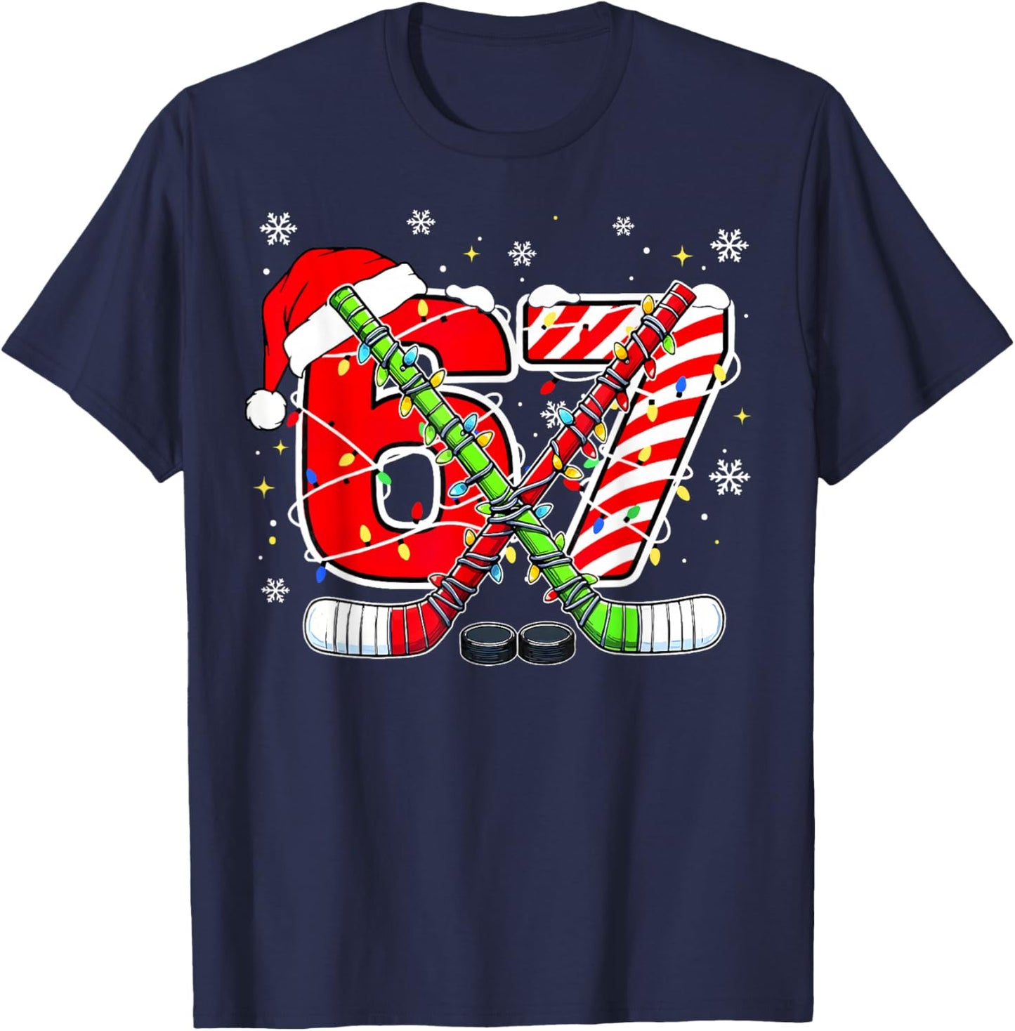 Funny 67 Santa Hat Candy Cane Ice Hockey Six Seven Christmas T-Shirt - T-Shirt | Navy