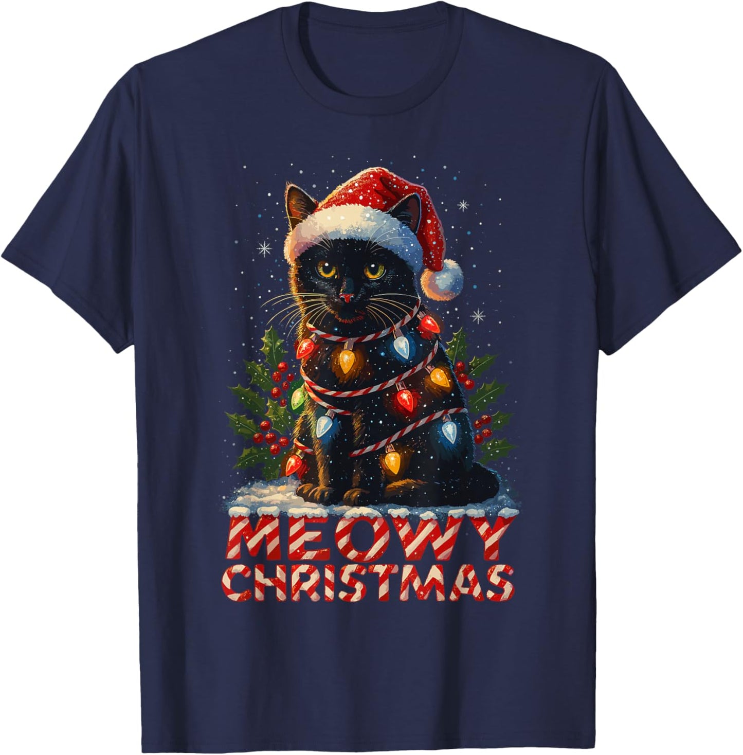 Black Cat Christmas Tree Lights Shirt, Cat Meowy Christmas T-Shirt - T-Shirt | Navy