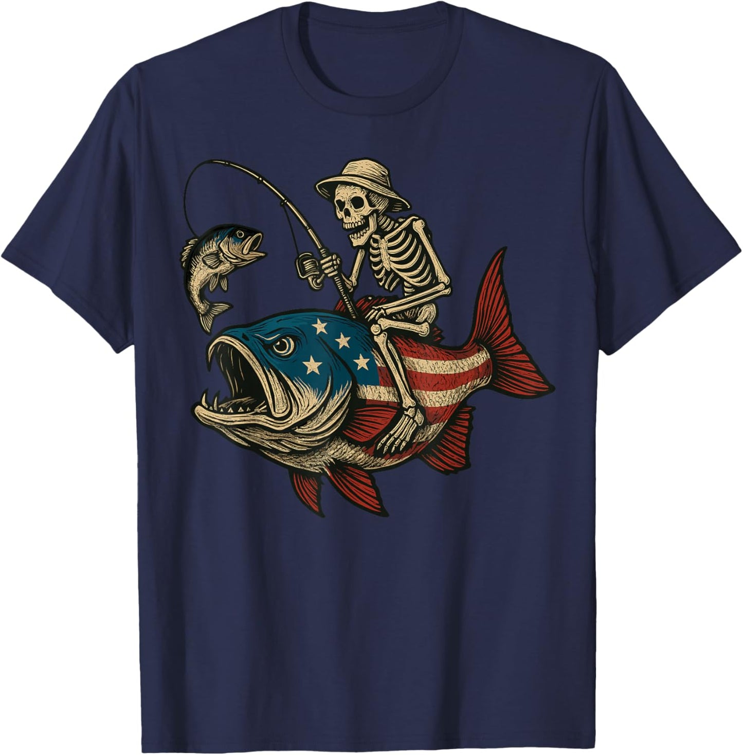 Skeleton Fishing Bass Fish USA Flag T-Shirt - T-Shirt | Navy