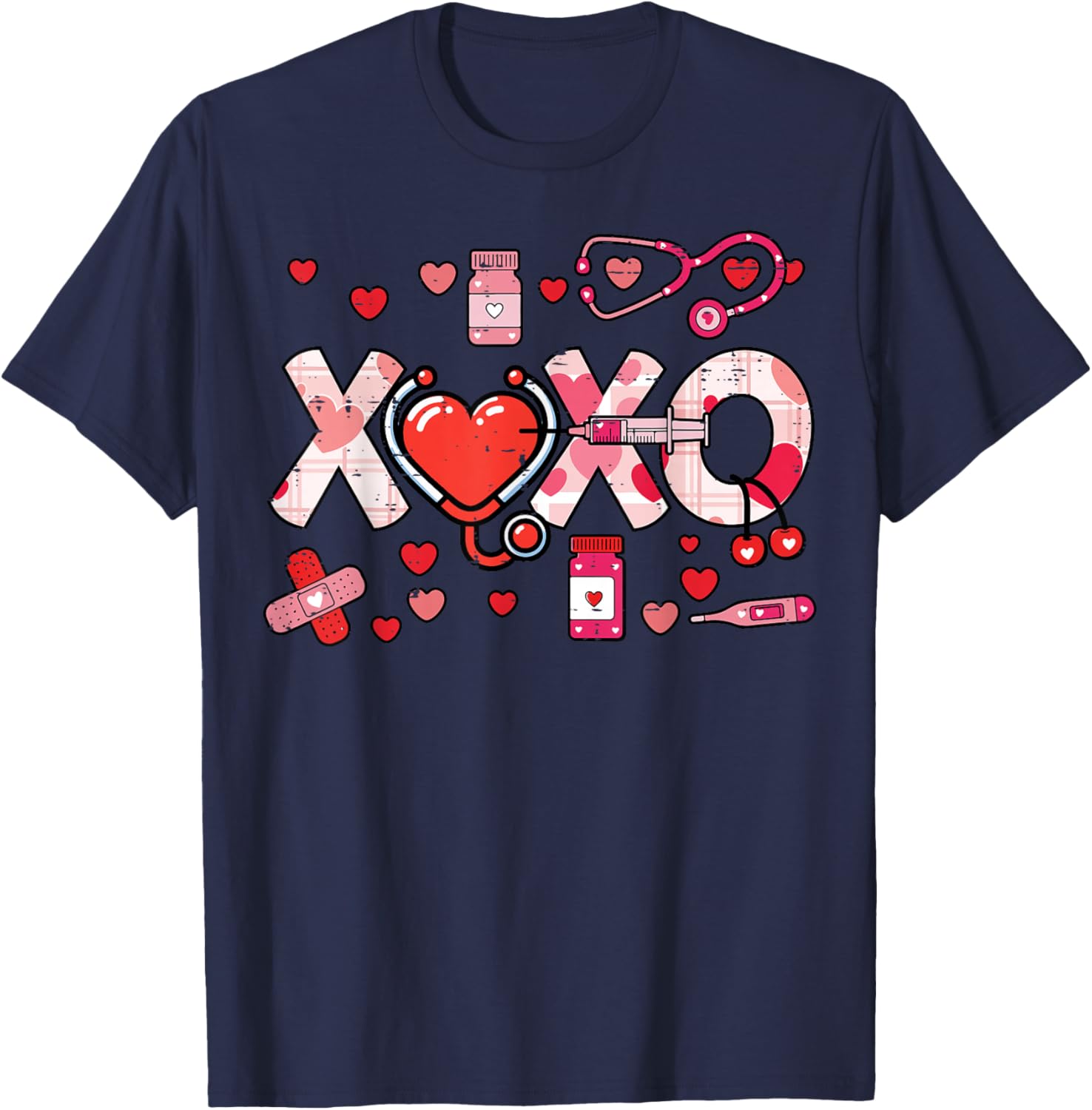Valentines Day Nurse XOXO Stethoscope Scrub Top Women Men T-Shirt - T-Shirt | Navy