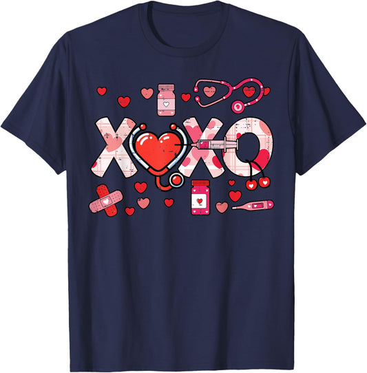 Valentines Day Nurse XOXO Stethoscope Scrub Top Women Men T-Shirt - T-Shirt | Navy