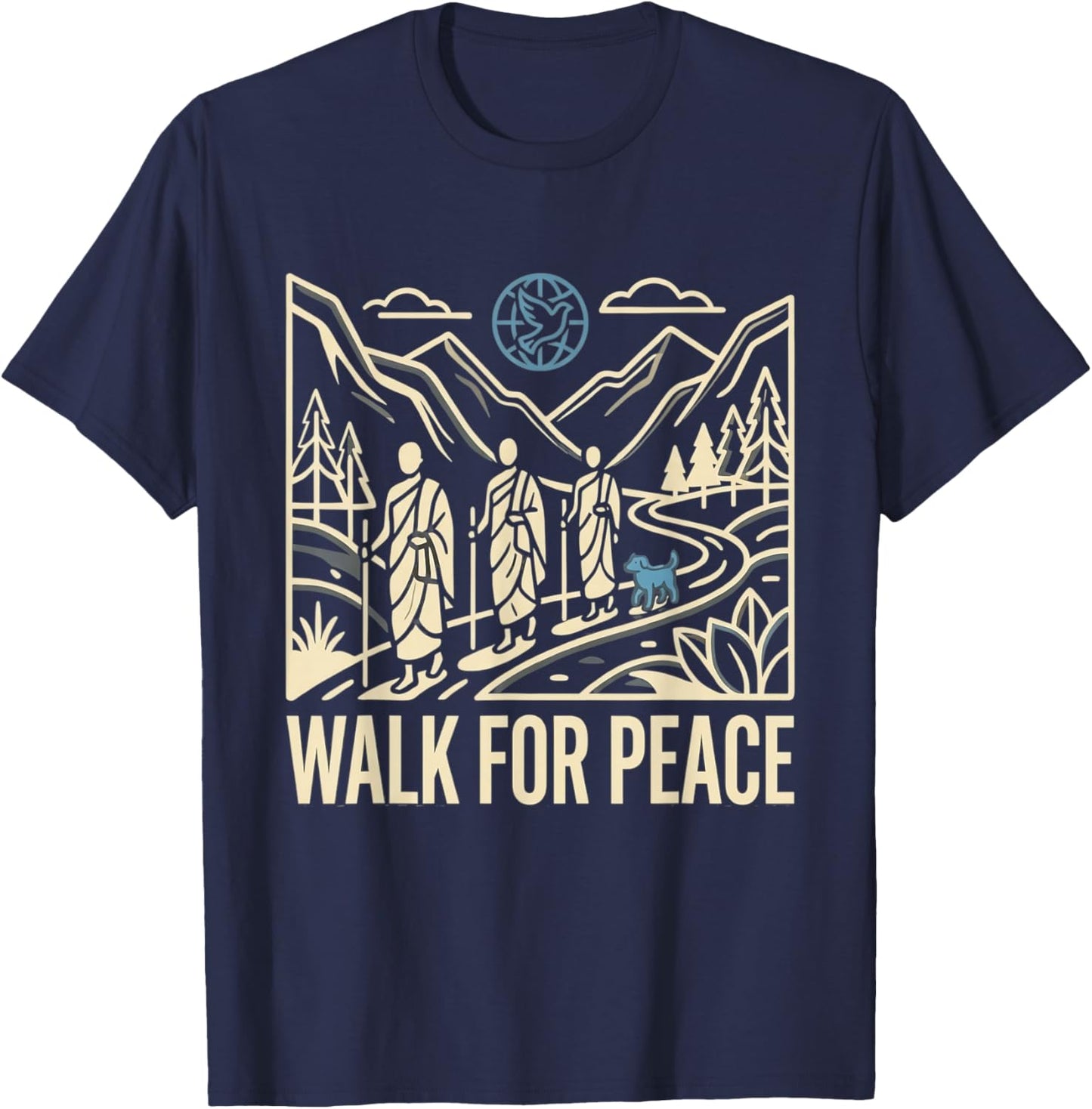 Walk for Peace Aloka Monks Dog Dove Globe Line Art T-Shirt - T-Shirt | Navy