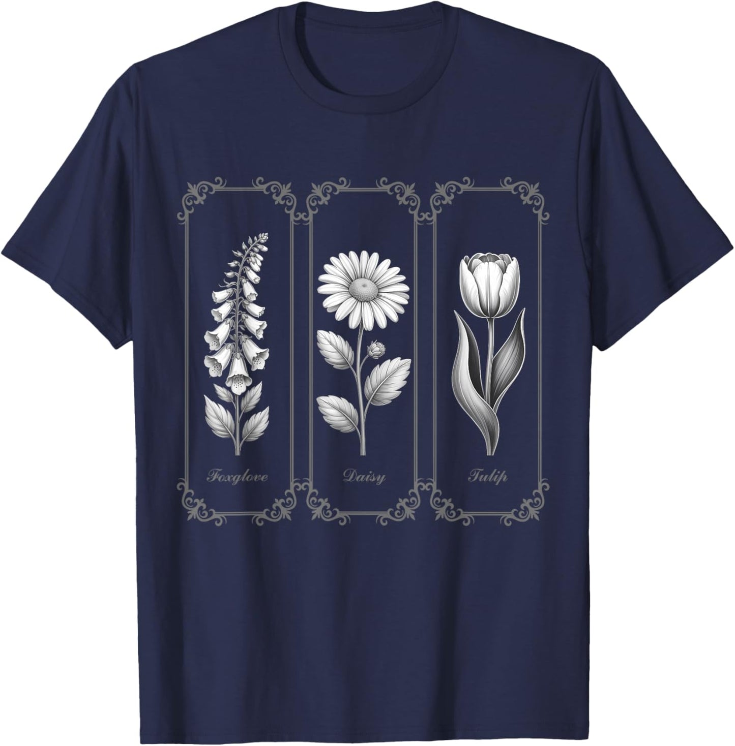 Foxglove Daisy Tulip Vintage Flower Arrangement Wildflower T-Shirt - T-Shirt | Navy