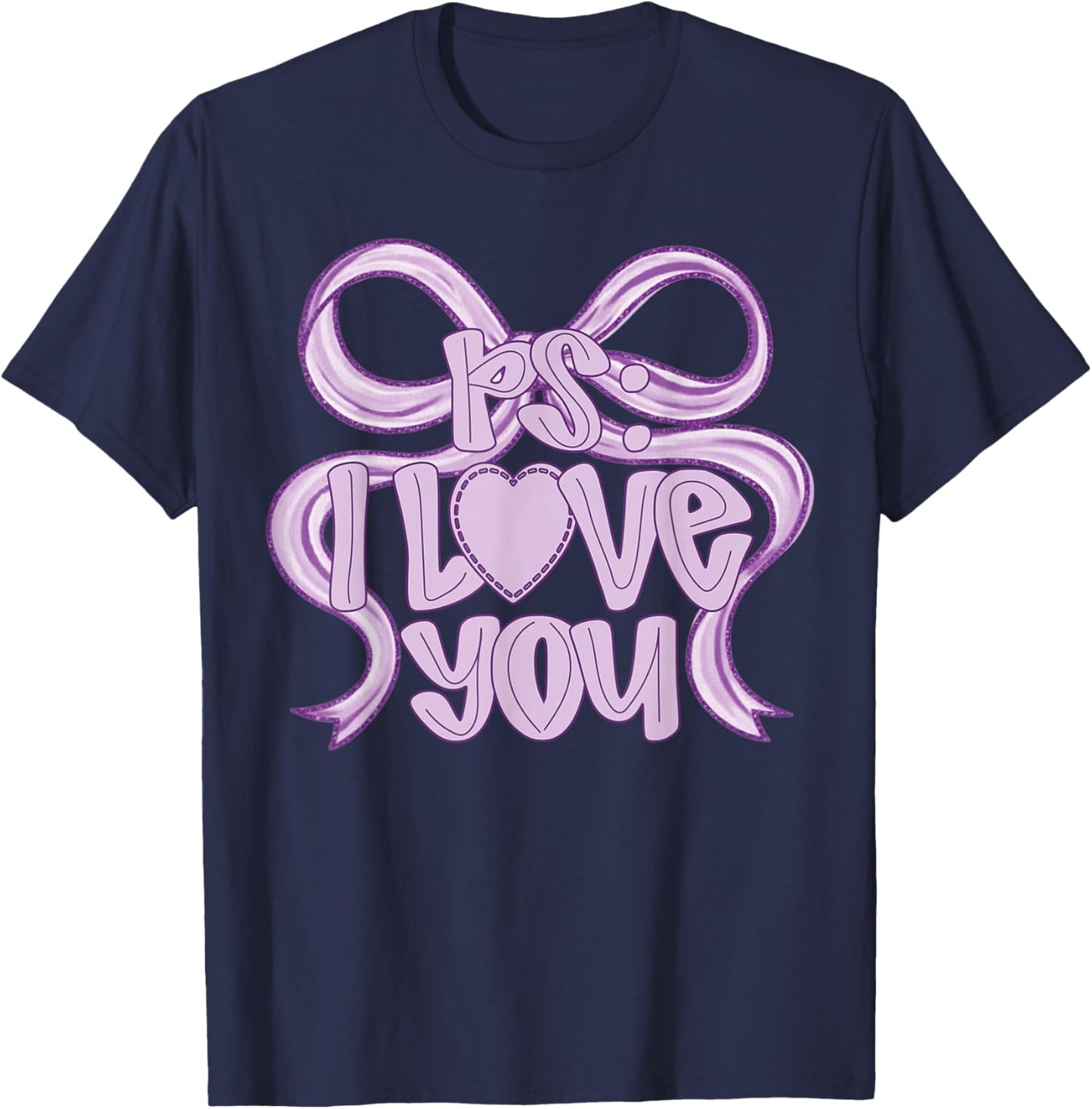 PS I Love You Day Valentine's Day Coquette Bow Purple Heart T-Shirt - T-Shirt | Navy