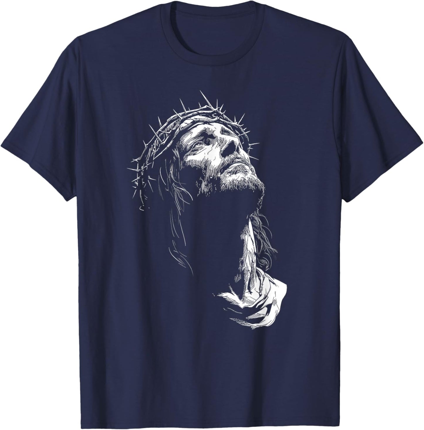 Jesus Christ Crown of Thorns Black and White Line Art T-Shirt - T-Shirt | Navy