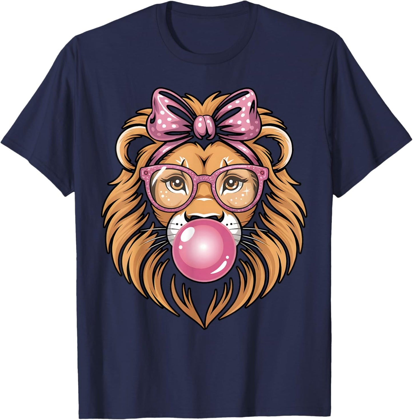 Cute Girly Sassy Lion with Pink Bow Pink Glasses Bubblegum T-Shirt - T-Shirt | Navy