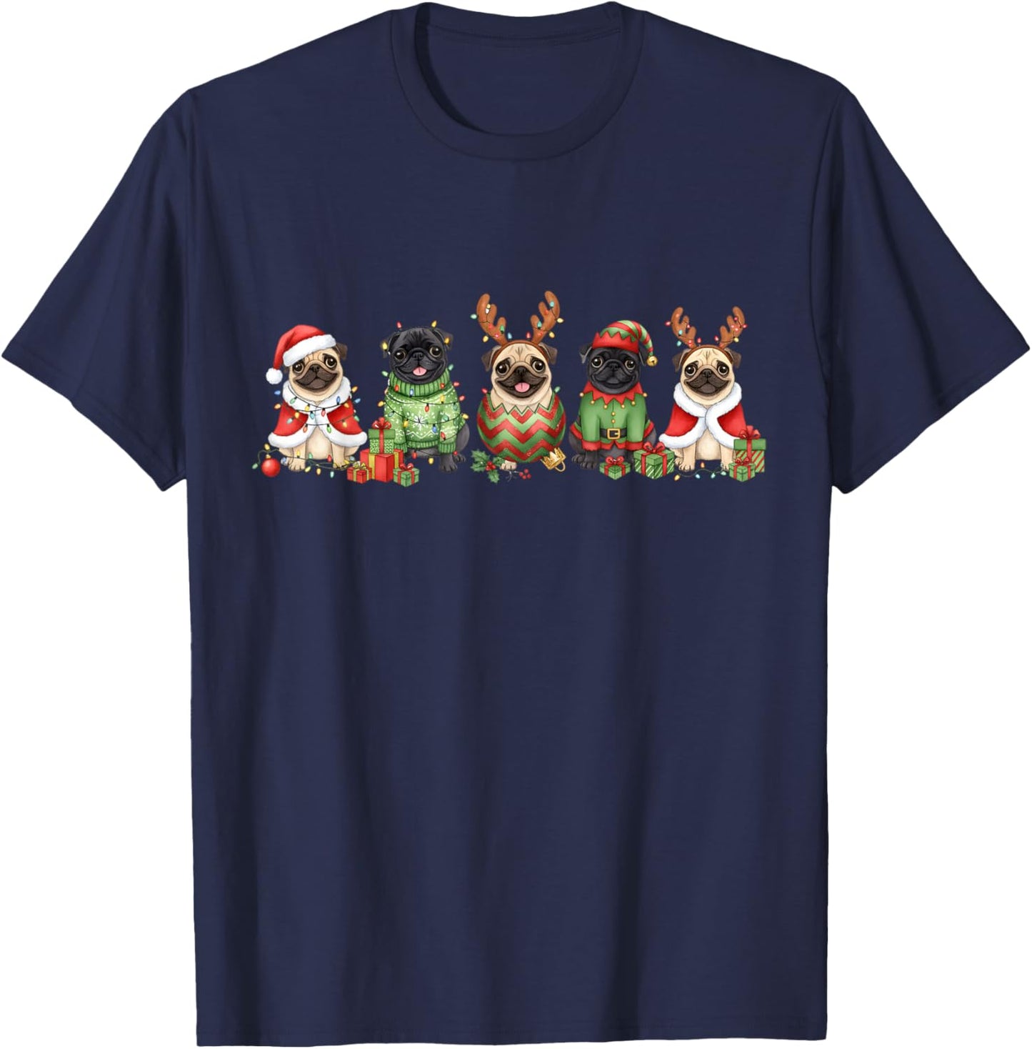 Pug Dogs Christmas Lights Pugmas Santa Dog Lover Gifts T-Shirt - T-Shirt | Navy