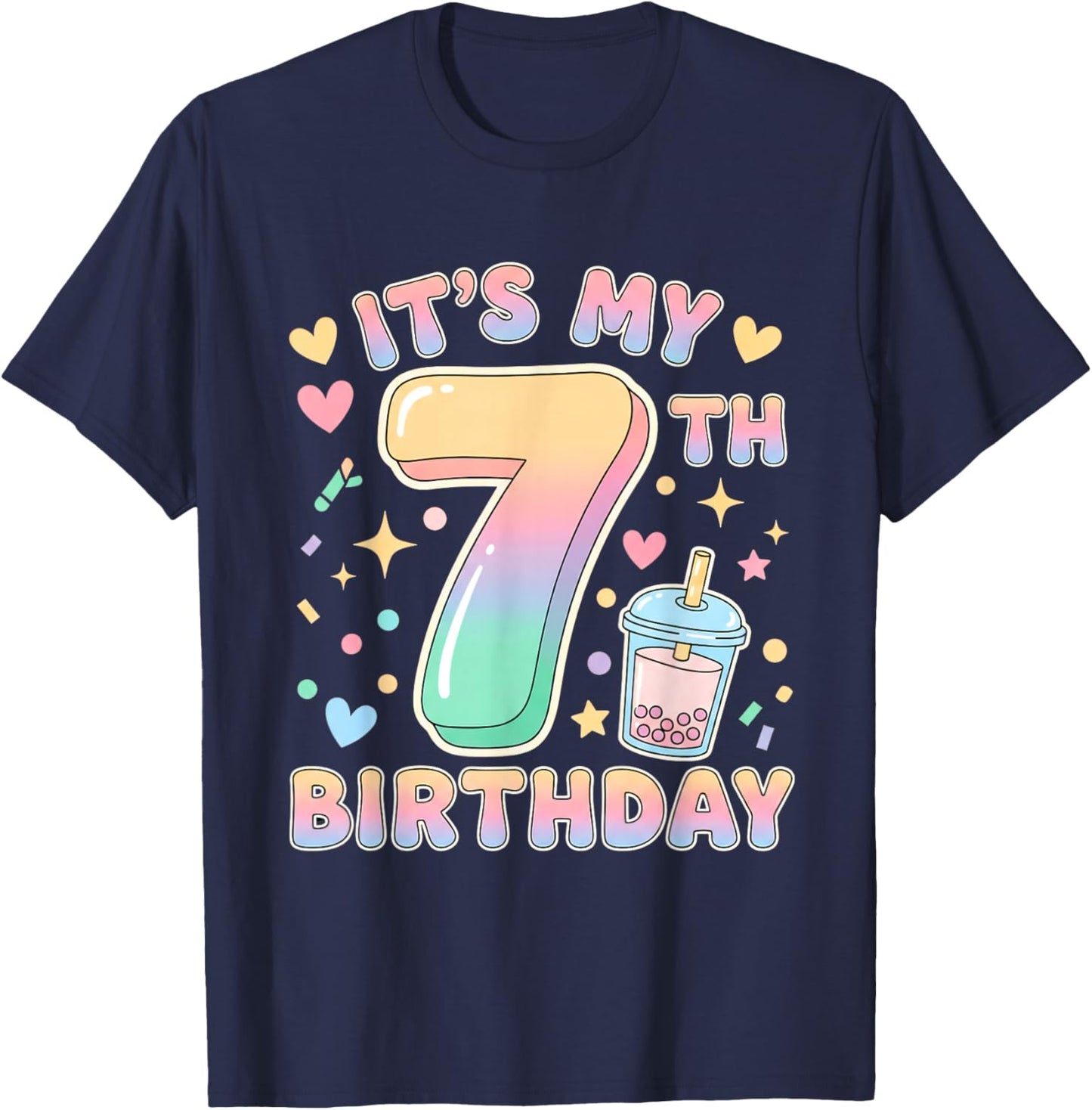 It's My 7th Birthday Bubble Boba Tea Party 7 Year Old Girl T-Shirt - T-Shirt | Navy