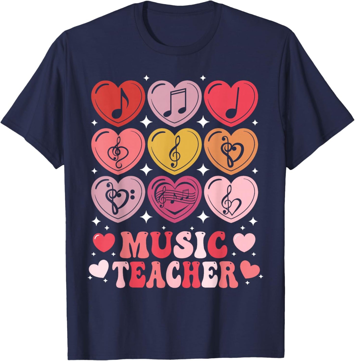 Music Teacher Valentine's Day Musical Notes Hearts Musician T-Shirt - T-Shirt | Navy