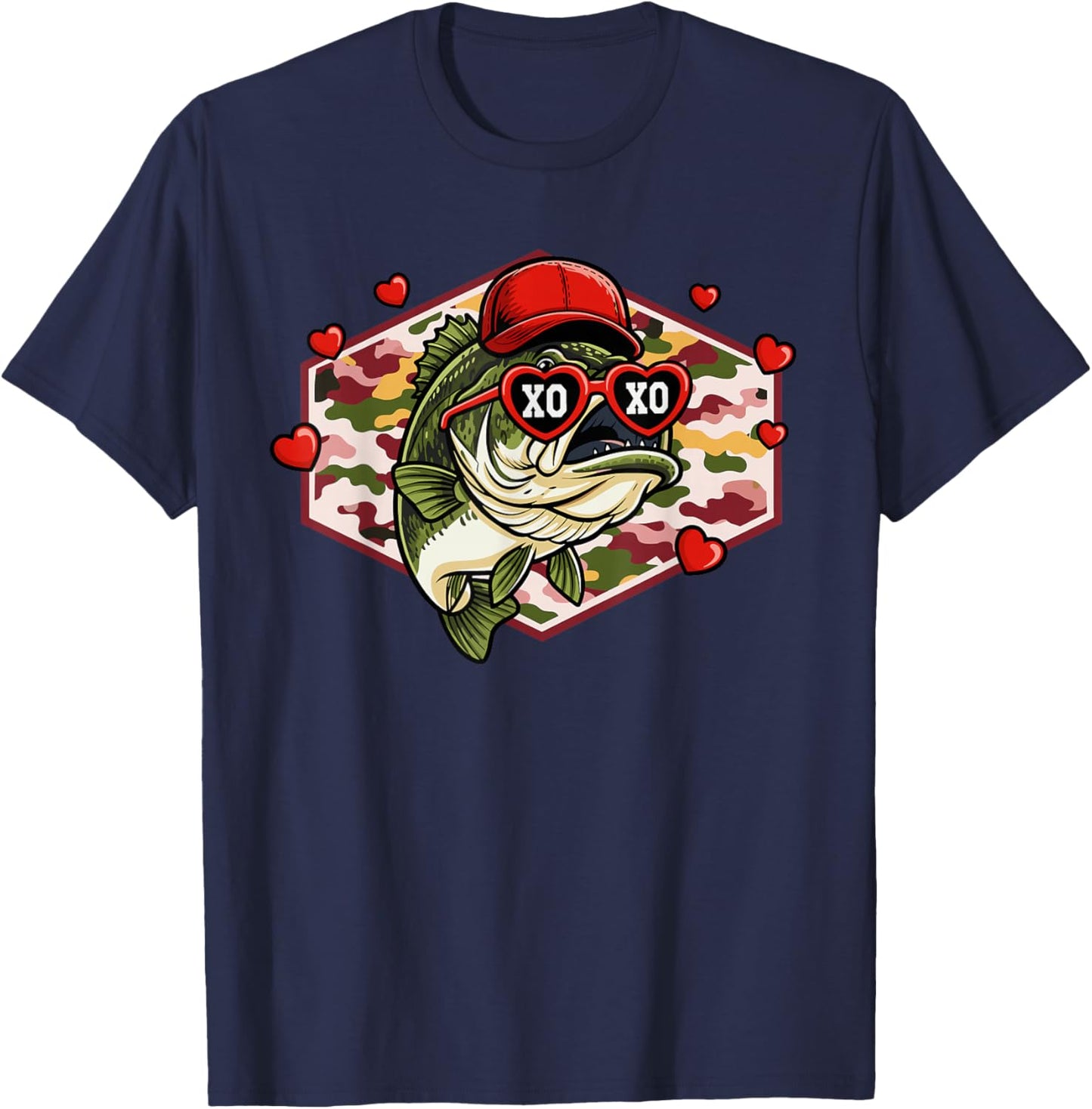 Men Boys Retro Valentines Fishing XOXO Camo Bass T-Shirt - T-Shirt | Navy