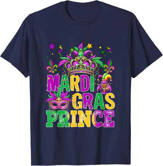 Mardi Gras Prince Cute Crown Masked Matching Kids Girls T-Shirt - T-Shirt | Navy