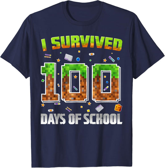 I Survived 100 Days of School Funny Pixel Gamer for Boy Kid T-Shirt - T-Shirt | Navy