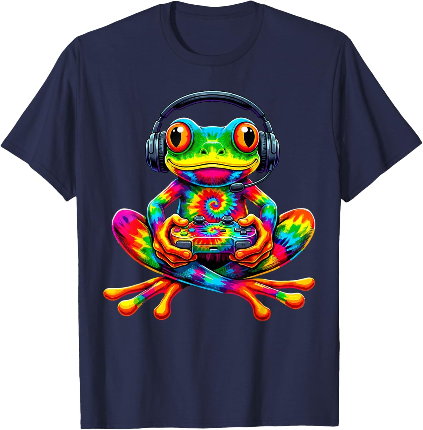 Tie-Dye Frog Gamer Peace Sign Hippie Funny Video Gaming T-Shirt - T-Shirt | Navy