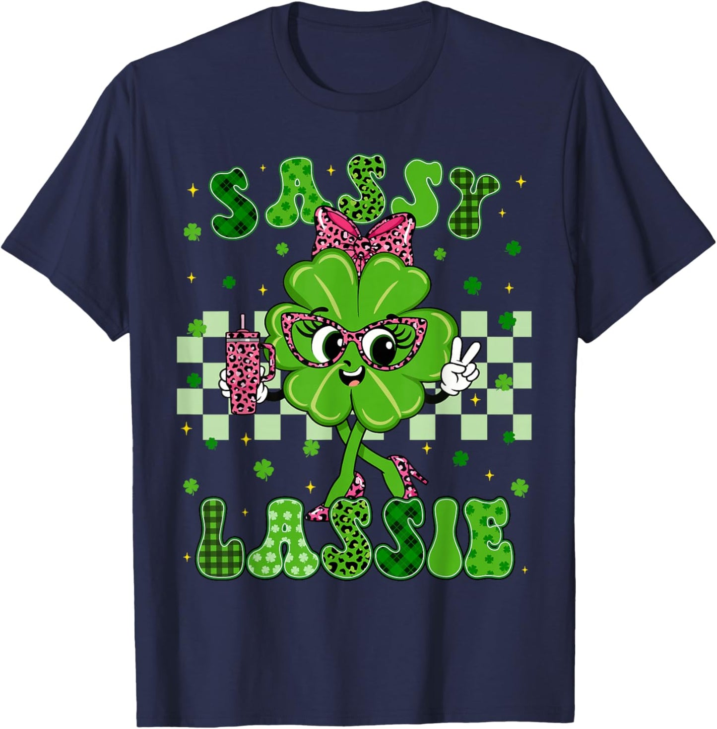Funny Sassy Lassie Shamrock Leopard St Patricks Women Girl T-Shirt - T-Shirt | Navy