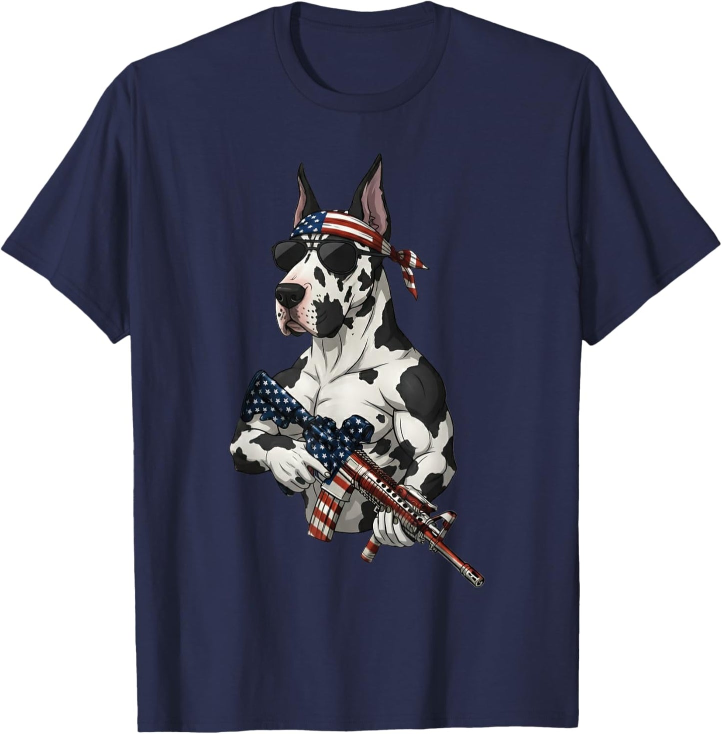 Funny Patriotic Great Dane with Rifle USA Flag Design T-Shirt - T-Shirt | Navy