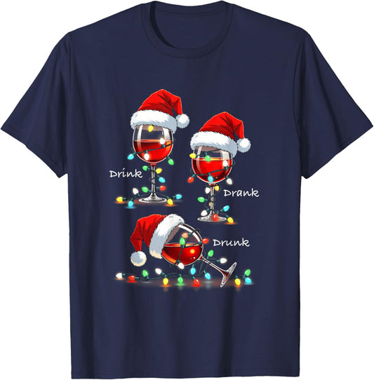 Christmas Wine Drunk Drank Drink Party Santa Hat Xmas Lights T-Shirt - T-Shirt | Navy