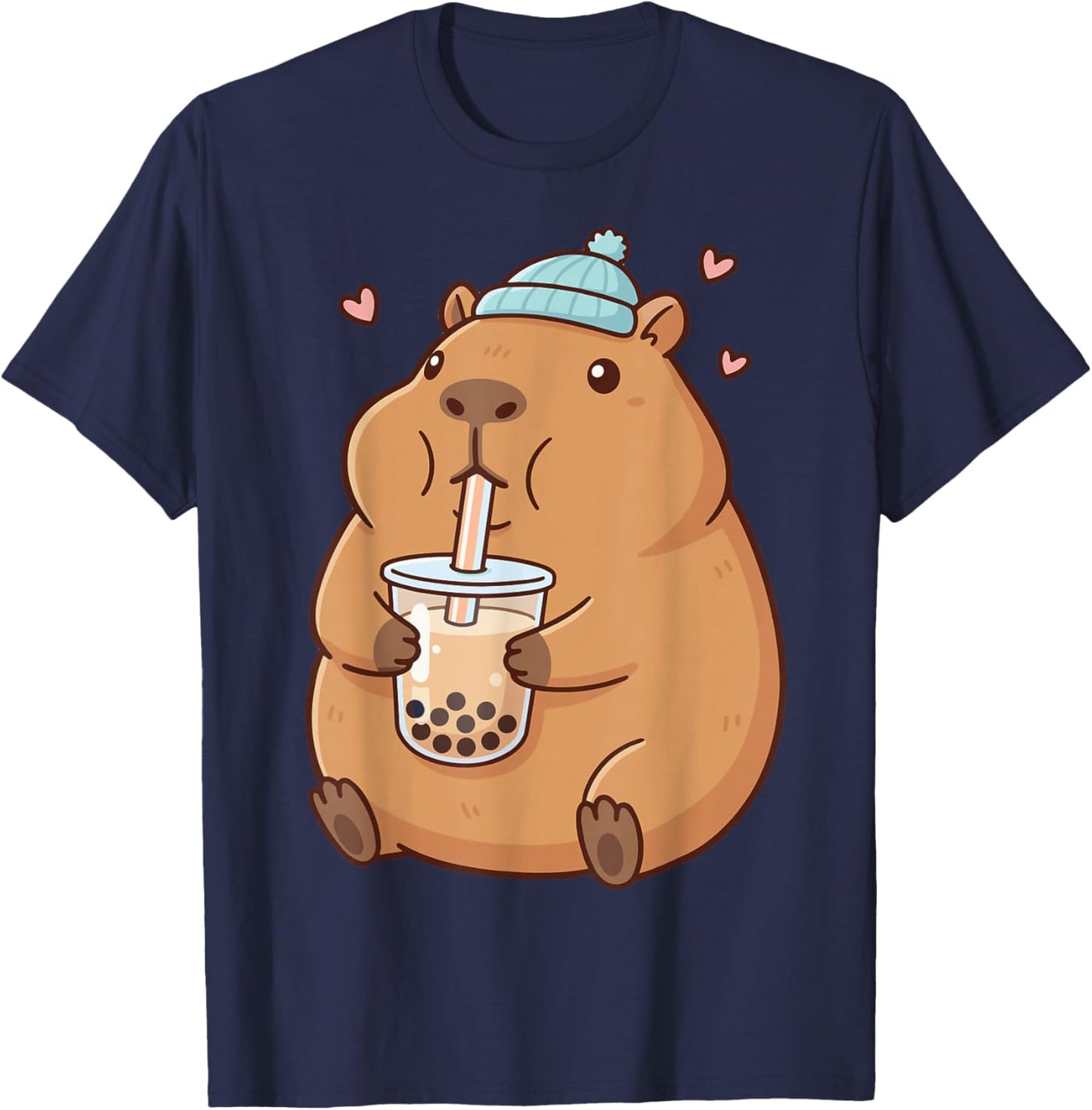 Cute Capybara Drinking Boba Bubble Tea T-Shirt - T-Shirt | Navy