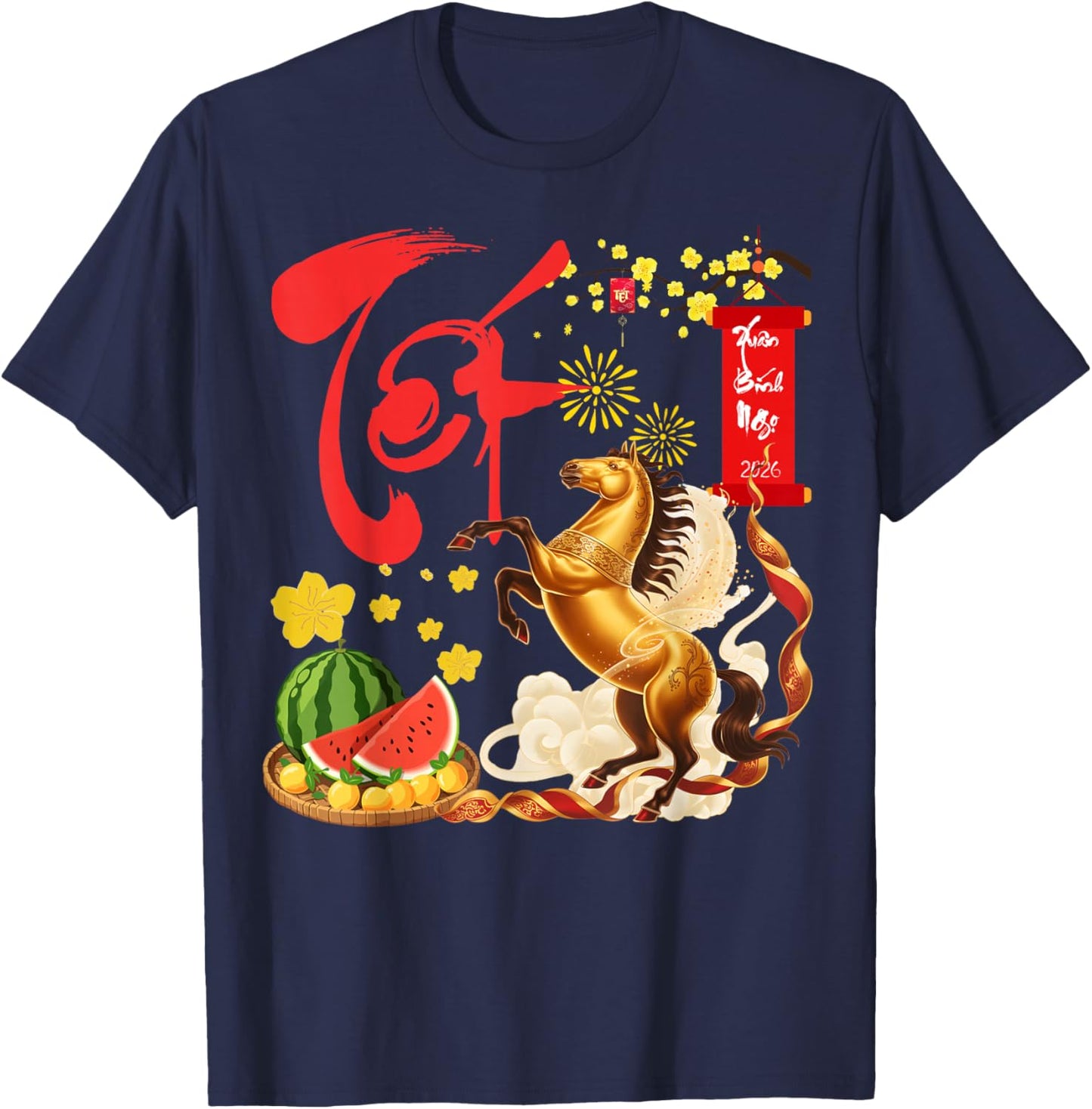 Peach Blossom Vietnamese Lunar New Year Horse 2026 Happy TET T-Shirt - T-Shirt | Navy