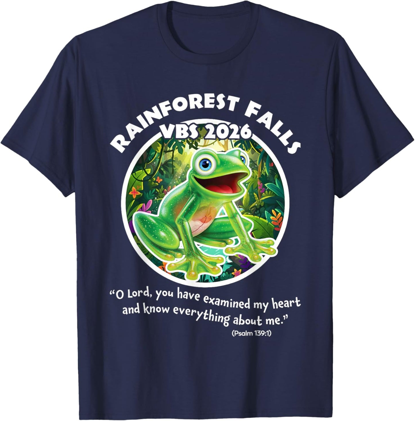 Rainforest Falls VBS 2026 Frog Jesus Faith Bible Verse Kids T-Shirt - T-Shirt | Navy
