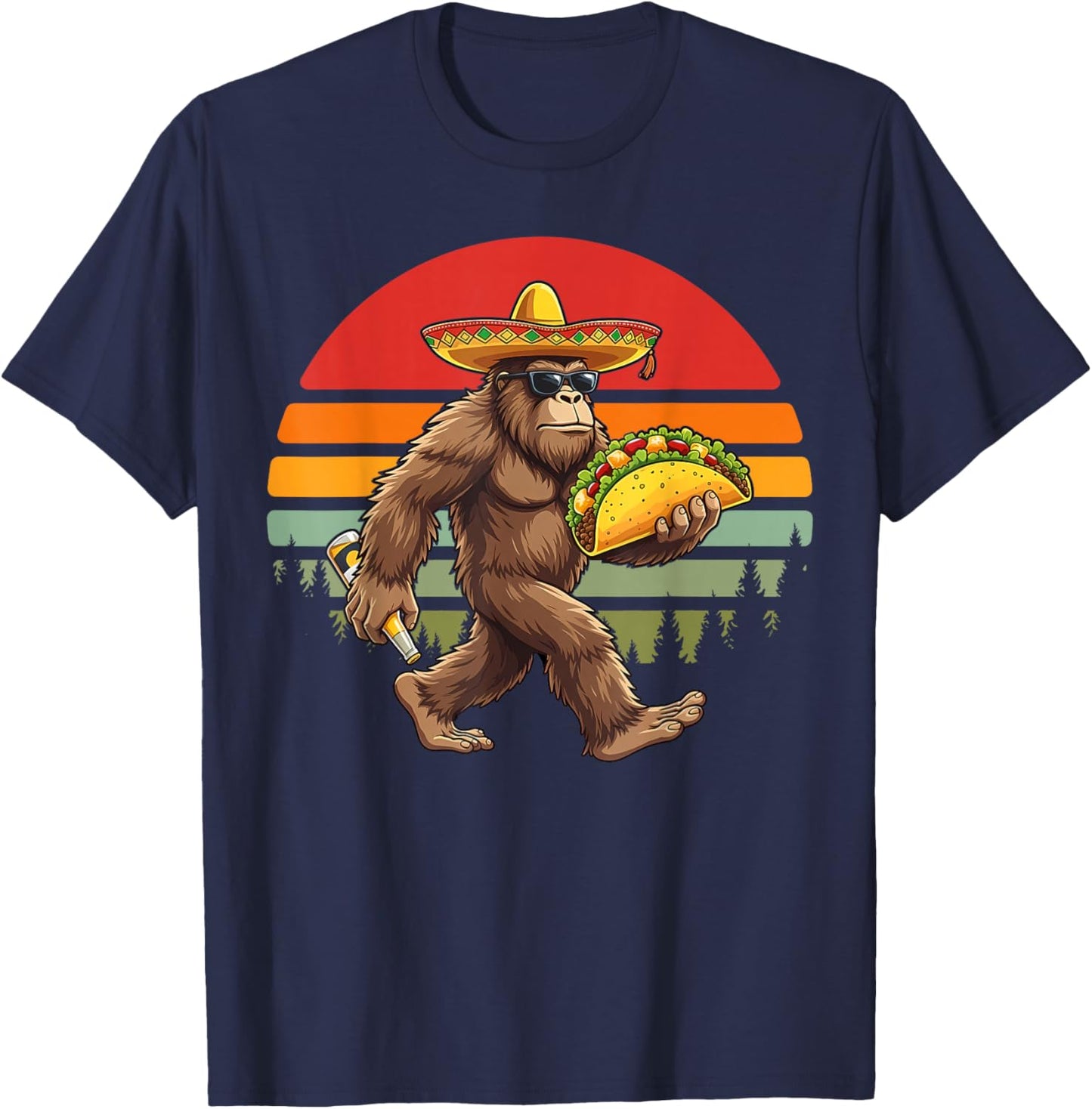 Sasquatch Bigfoot Taco Mexican Sombrero Sunset Retro Men T-Shirt - T-Shirt | Navy