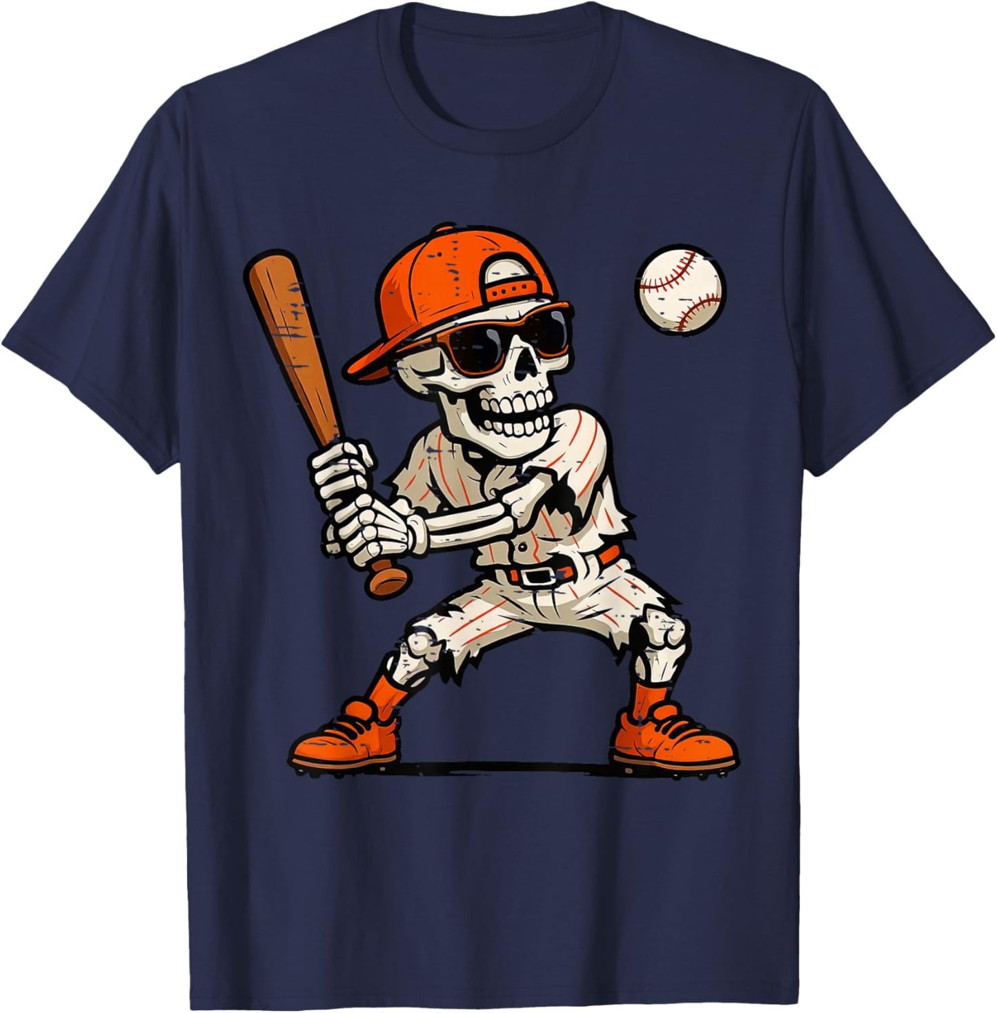 Funny Skeleton Playing Baseball Halloween Boys Men Kids T-Shirt - T-Shirt | Navy