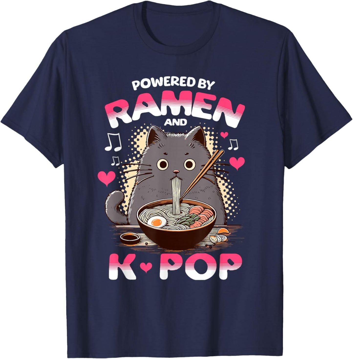 Powered by Ramen and K Pop Funny Anime Korean Music Manga T-Shirt - T-Shirt | Navy