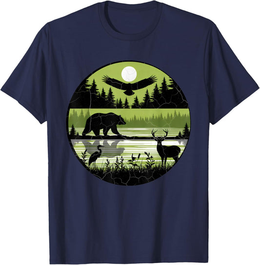 Forest Retro Nature Wildlife Outdoor Vintage Hiking T-Shirt - T-Shirt | Navy