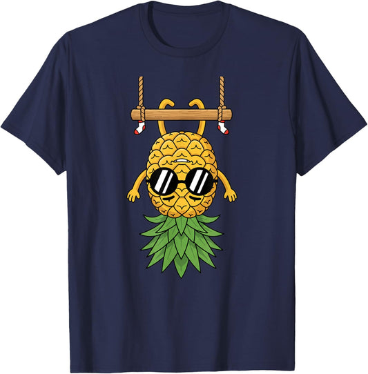 Pineapple Hanging Upside Down Funny Tropical Cartoon Adult T-Shirt - T-Shirt | Navy